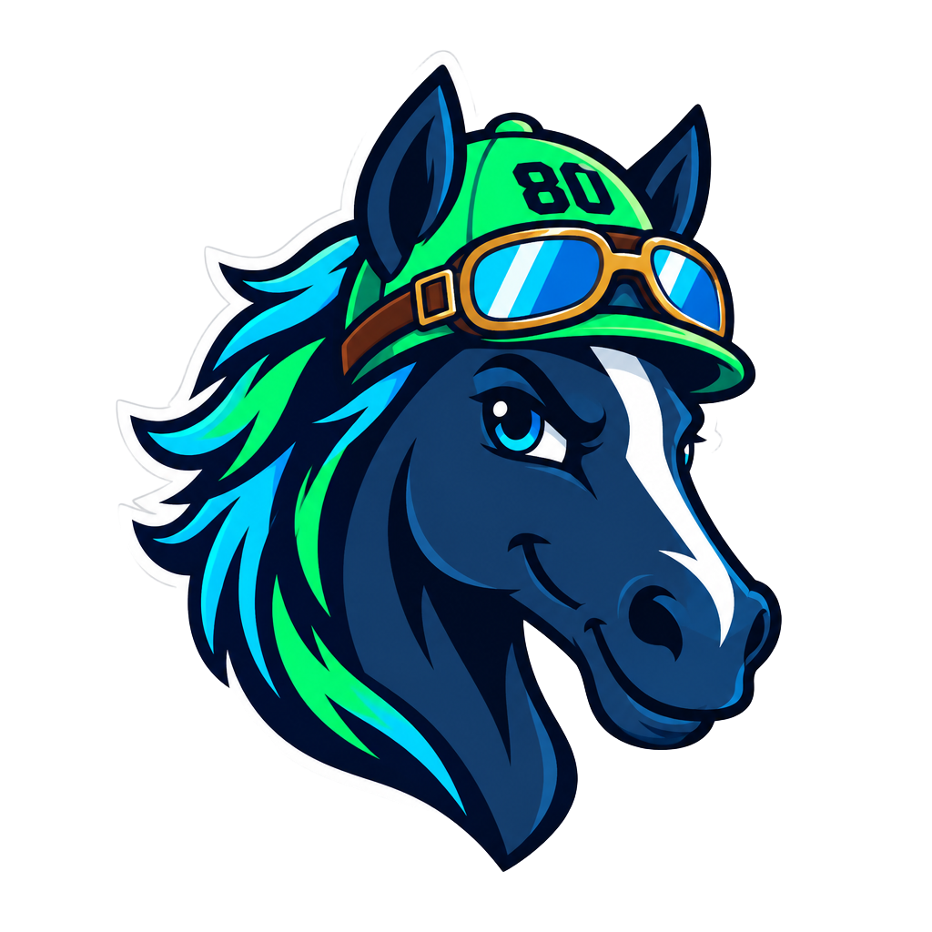 RacenView horse mascot wearing goggles and an 80 cap